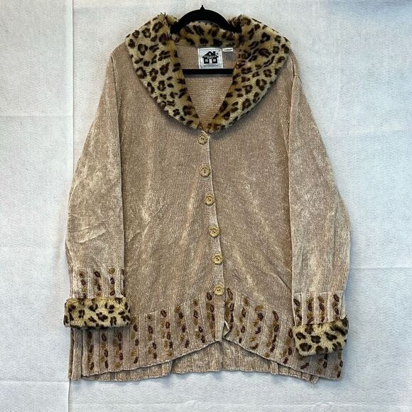 STORYBOOK KNITS Cardigan Sweater Women's 2X Tan Faux Fur Animal Print Trim - Picture 1 of 13